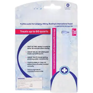 49mg Water Purification Tablets (30 Pack). Portable Water Purifier for Camping Essentials, Lightweight Camping Gear or  Kit, EPA Registered & NSF/ANSI 60 Certified, -Acting