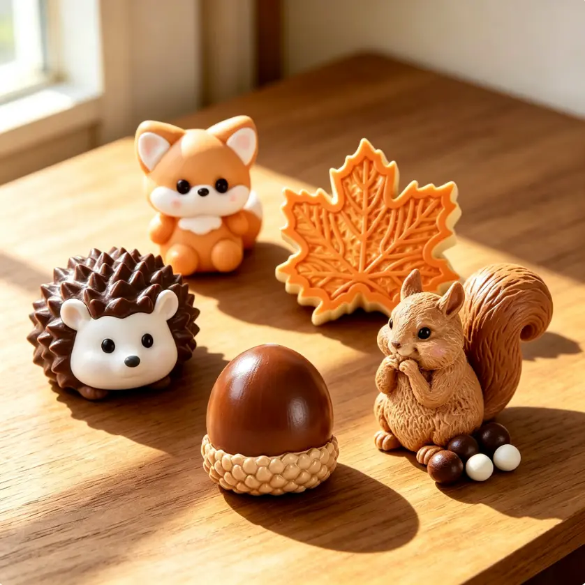 TABASQUISHY Handmade Taba Squishy Toy Set (5 Styles) - Brown Hedgehog, Orange Maple Leaf, Fox, Acorn - Slow-Rising Fidget Squeeze Toy, Soft Sensory Stress-Relief Collectible Plushie, Back to School Autumn Gift for Teens