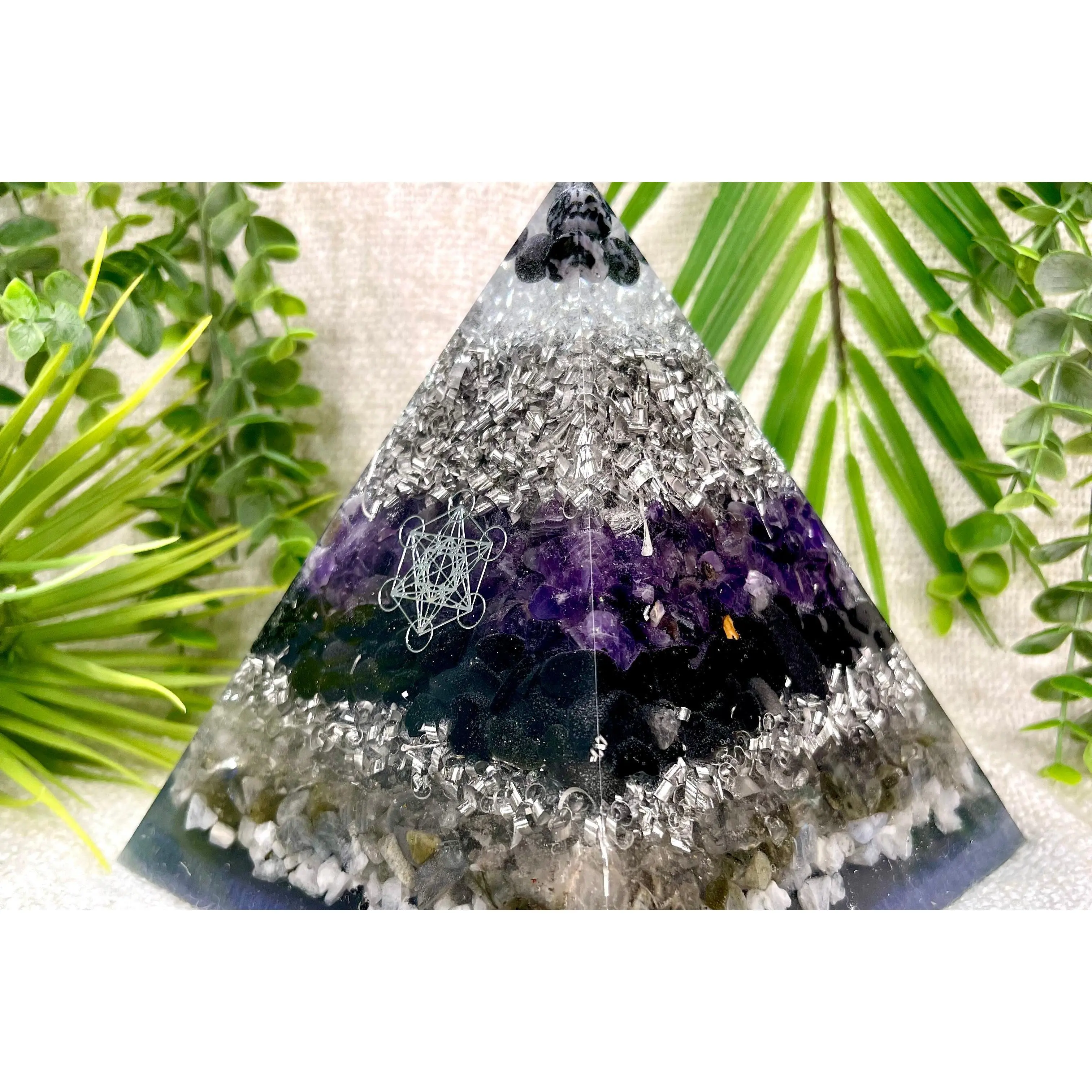 SANDRA - Orgonite Pyramid - EMF Protector - Amethyst, White Quartz, Merlinite, Black Obsidian, Labradorite and Moonstone with Aluminum Metals