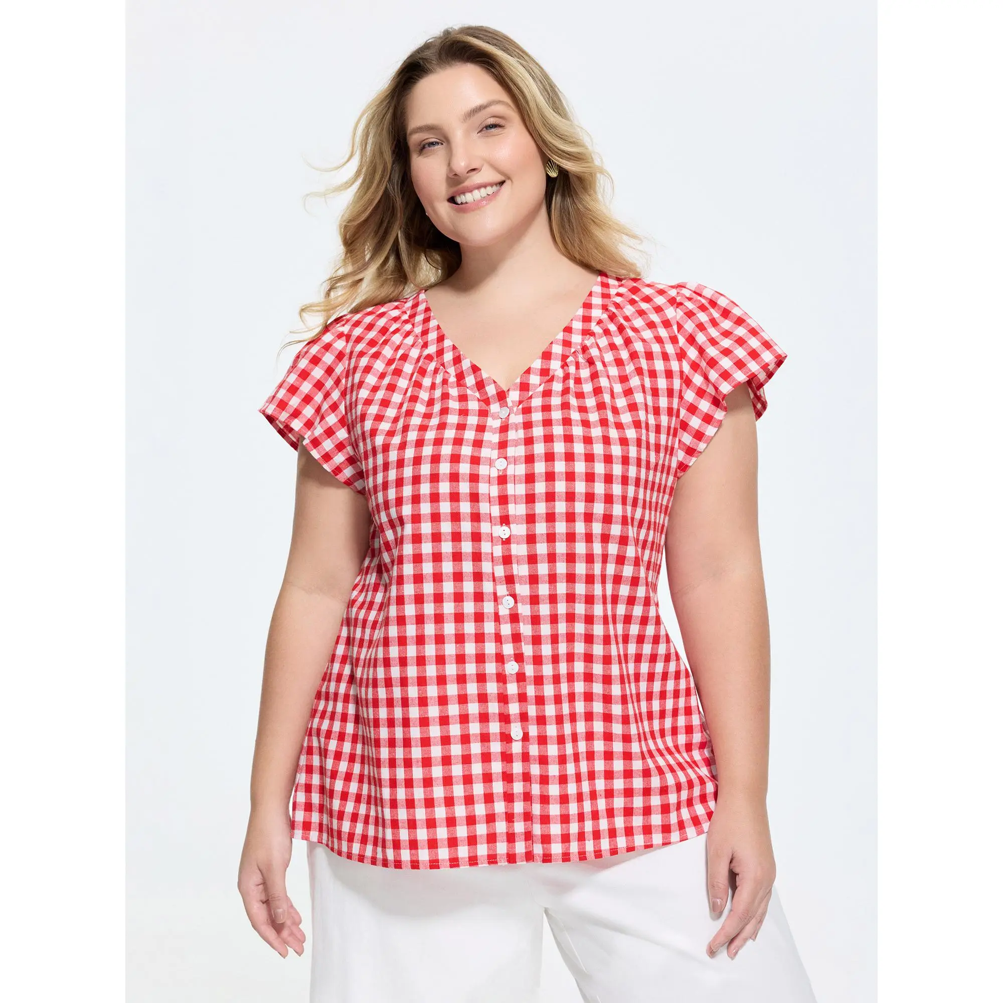 BloomChic Cotton Gingham Print Ruffled Sleeve Blouse 【M-6XL】 BloomChic Cotton Gingham Print Ruffled Sleeve Blouse 【M-6XL】