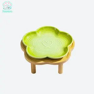 Ceramic Cat Bowl Wide & Shallow Anti Vomiting Pet Dish with Stand, Whisker Friendly Flower Shaped Plate for Dry & Wet Food, Cats & Small Dogs