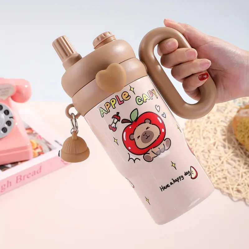 1pc Capybara Design Insulated Tumbler with Handle and Straw, Large-Capacity Stainless Steel Sports Water Bottle for Men & Women - Cute Cartoon Car Cup, Daily Drinkware, Outdoor Hydration, Playful Drinkware, Durable Construction, Leakproof D