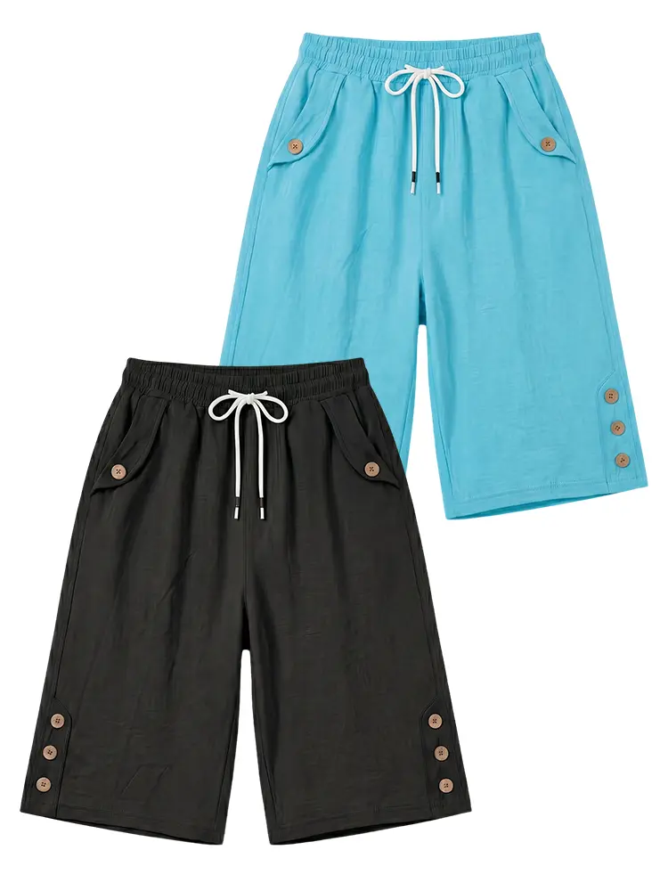 Women’s Bermuda shorts with elastic waistband and drawstring design, casual knee-length length, loose summer shorts with side buttons