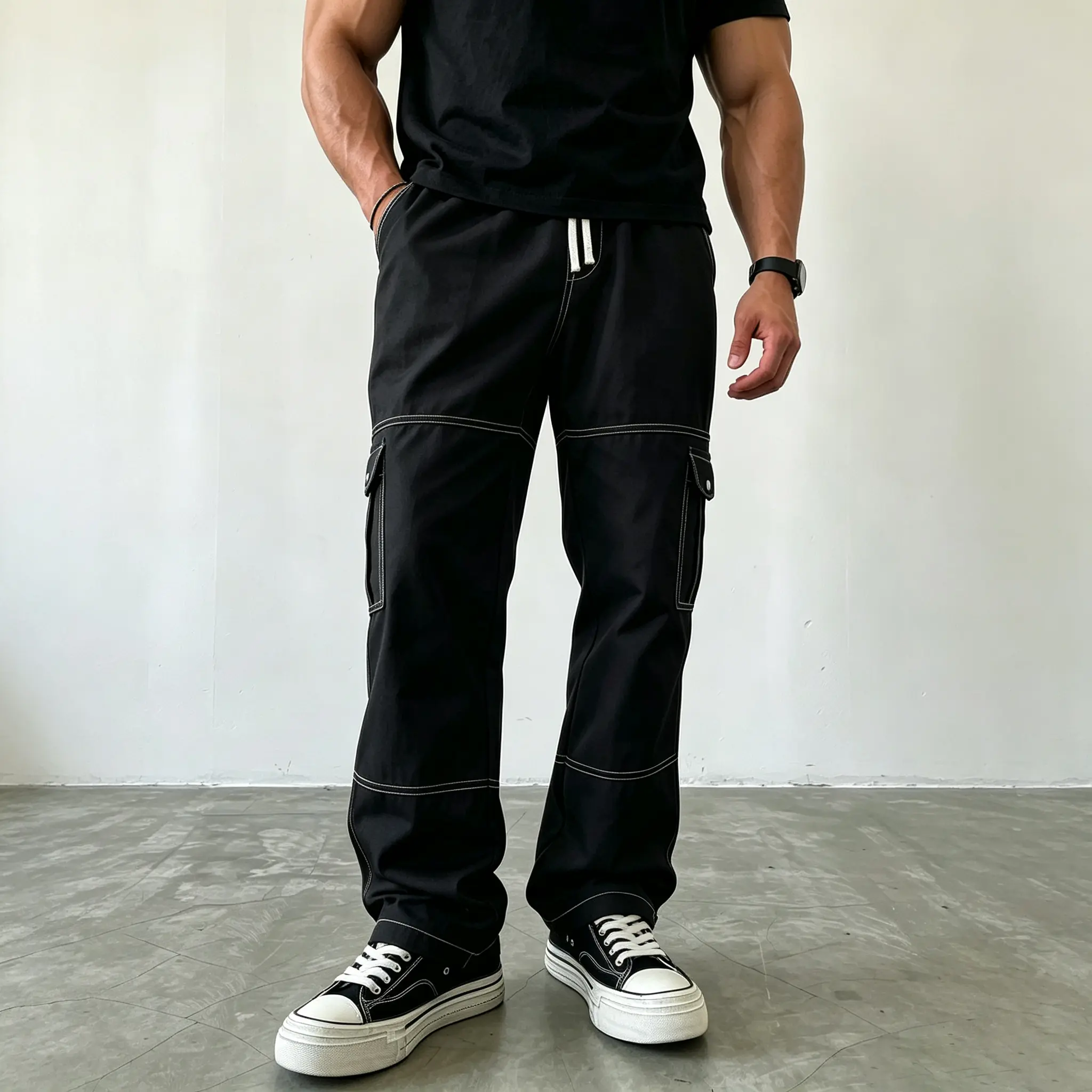 Spring/Autumn men’s utility straight-leg casual pants with visible stitching, elastic waistband with drawstring, multiple pockets, wide-leg long pants—versatile floor-length pants for everyday wear.