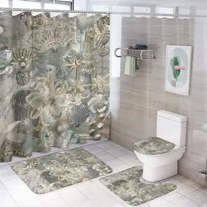 Ocean Seashell Bathroom 4-Piece Set Waterproof Polyester Shower Curtain Flannel Bath Mat U-Shaped Toilet Lid Cover Base Rug Blue Coral Starfish Coastal Beach Home Decor