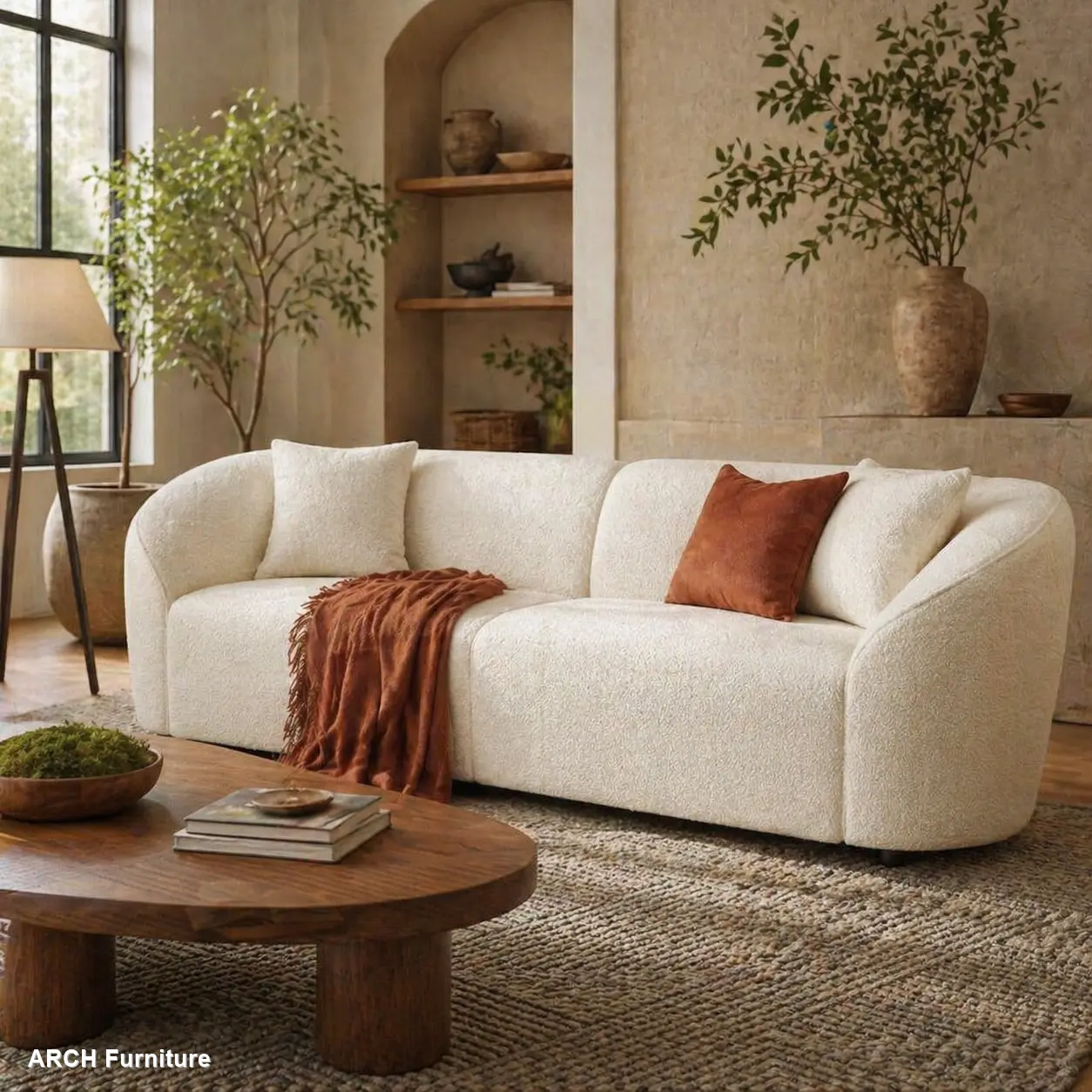 87 in Curved Contemporary Beige Assembled Ergonomic Cushiony Sofa - Plush Seating, Streamlined Design, Durable Frame, Rounded Arms - Indoor Living Room Furniture, Couch, Living Room Decor, Furniture Living Room