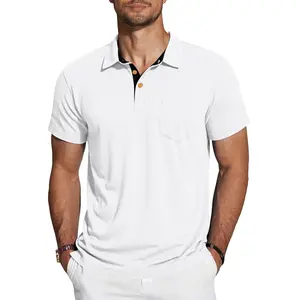 AUSELILY MEN Men's Polo Henley Shirt Cotton Blend Stretch Lightweight Button T-Shirt Color Block Collar Casual Tee with Pocket