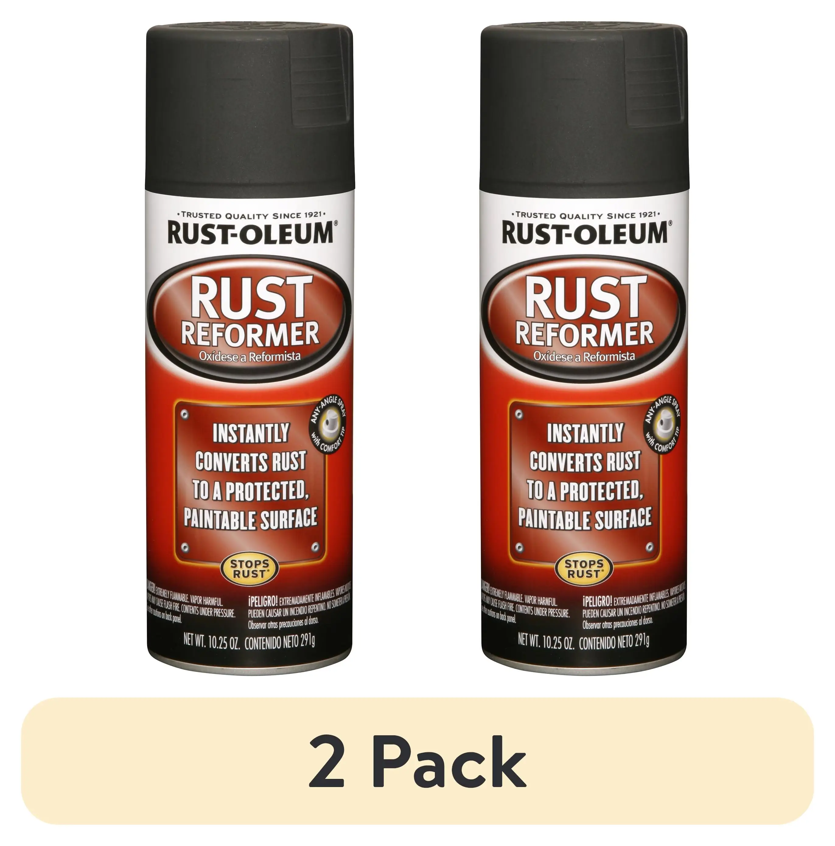 2-Pack Rust Reformer Spray Paint – 10.25 oz cans in flat black, designed to transform rusty metal into a paintable surface while helping protect against future rust. Ideal for automotive repairs, tools, metal surfaces, and DIY projects.