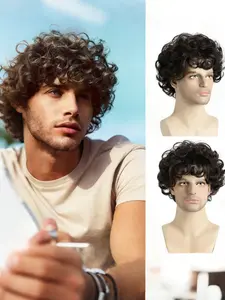 Men's Synthetic Bob Wig, Natural Fluffy Layered Curly Hair, Heat Resistant Fiber, Daily Halloween Use, All Seasons, Kinky Curly Wigs