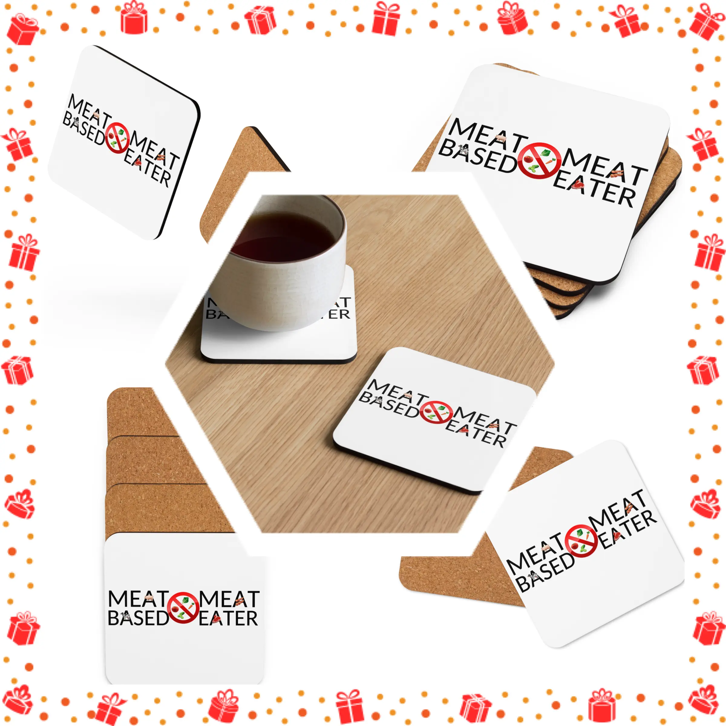 MEAT EATER Cork-back Coaster Set by MojiOG - Carnivore Meat Lover's Mancave Womancave Reusable Drink Coasters - Non Vegan Vegetarian Hater BBQ Grilling Backyard Patio Beer Mats - Gift for Friends, Fam, Dudes, Homies, Brothers, Cousins, Chefs, Cooks etc...