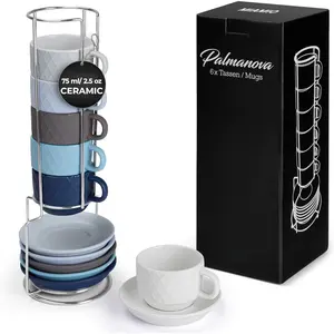 - 6 x 2.5 oz Stoneware Espresso Mug, Cup Set Modern with Stand and Saucers - Palmanova Collection ( Blue)