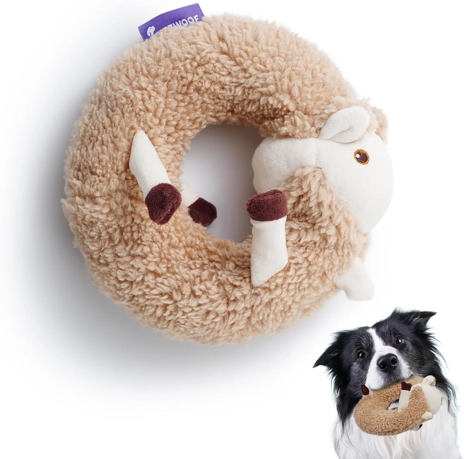 Fuzzwoof Sherpa Llama Squeaky Plush Circle Dog Toy, Ultra-soft Fur with Built-in Ring Squeaker, Stuffedless Durable Chew Toy for Teeth Cleaning, Interactive Pet Toy for All Breeds Sizes