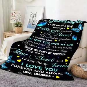 1pc Grandma's Love Letter To Granddaughter Ized With Family Name - Soft 280GSM Flannel Blanket Suitable Bed, Sofa, Car - Heartfelt Message Birthday,, Bedtime - Dark Blue & Light Blue Print, Cozy Keepsake