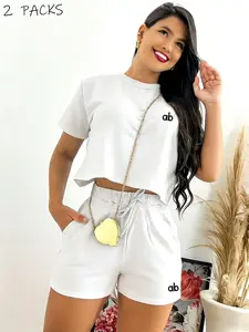 Women's Short Sleeve Shorts Two-Piece Set, Casual Fit, High Waist Design, Adjustable Drawstring, Side Pockets, Matching Letter Print