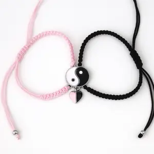 Yin Yang Bracelets Black Pink with Magnetic Heart Adjustable Bracelets for Couples for Friends for Siblings