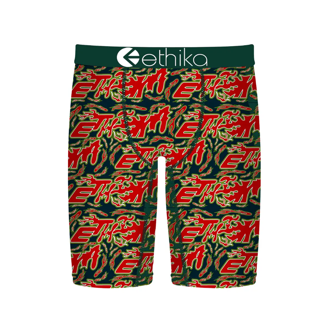 Ethika Do It Staple Men's Underwear - Soft Cotton-Spandex Stretch Fabric, Menswear, No Gathering, No Pull-Down, Boxer Briefs, Jacquard Waist, Green/Red