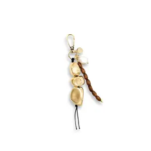 Fisherman Charm Dangling Pearl Necklace with Golden Pebbles & Natural Wooden Beads Elegant Pearl Embellished Accessory