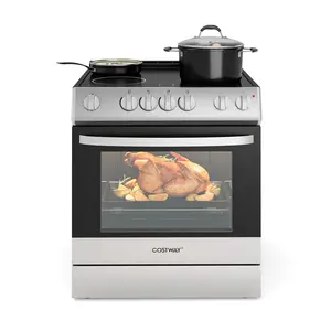 COSTWAY - 30 Inch Freestanding and Slide-in Kitchen Stove with 4 Burners Ceramic Cooktop-Silver