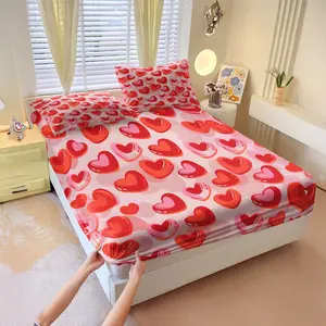 Valentine's Day Pink Translucent Frosting Texture Heart Fitted Sheet Set, Includes 1 Fitted Sheet & 2 Pillowcases, Anniversary Bedding, Soft Skin-Friendly, Sweet Romantic Bedroom Decor, Gift for Couples