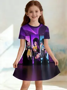 Girls' 3D Short Sleeve Dress, K-Pop Demon Hunters Neon Stage Print, Summer Party Wear, Perfect for Gifts and Birthdays