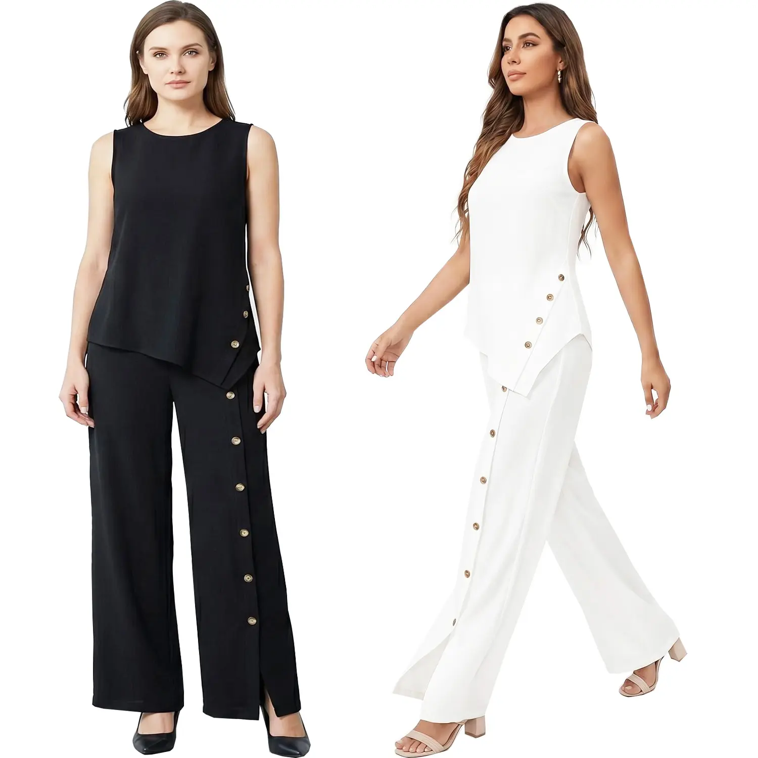 Elegant Linen 2 Piece Outfit | Asymmetrical Sleeveless Top & Wide Leg Pants Women Summer Commute Set Size S-5XL