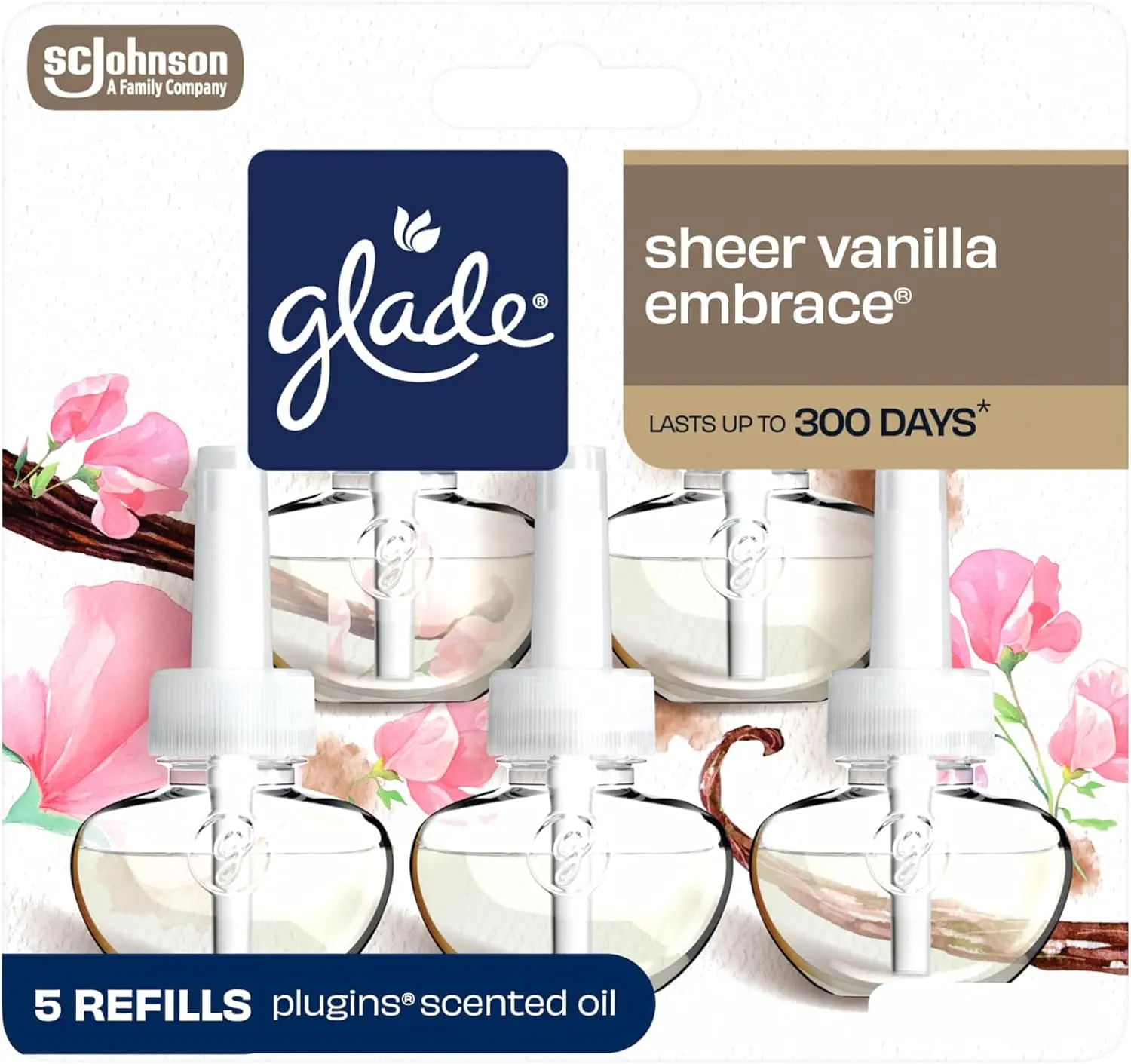 Glade PlugIns Refills Air Freshener, Scented and Essential Oils for Home and Bathroom, Sheer Vanilla Embrace, 3.35 Fl Oz, 5 Count