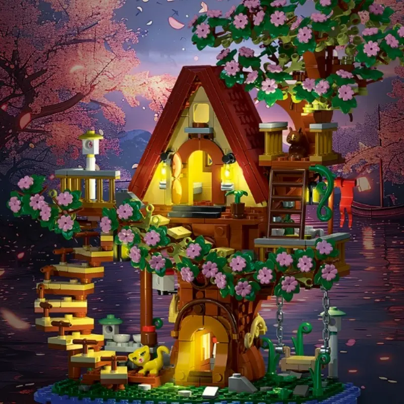 954+ Piece Cherry Blossom Treehouse Floral Building Set, Creative Building Block Sets, Diy Building Model, Wooden House Model Construction Assembly Building Toy Table Top Display Home Decor Ideal Gift for Women's Birthdays, Christmas, and Holidays