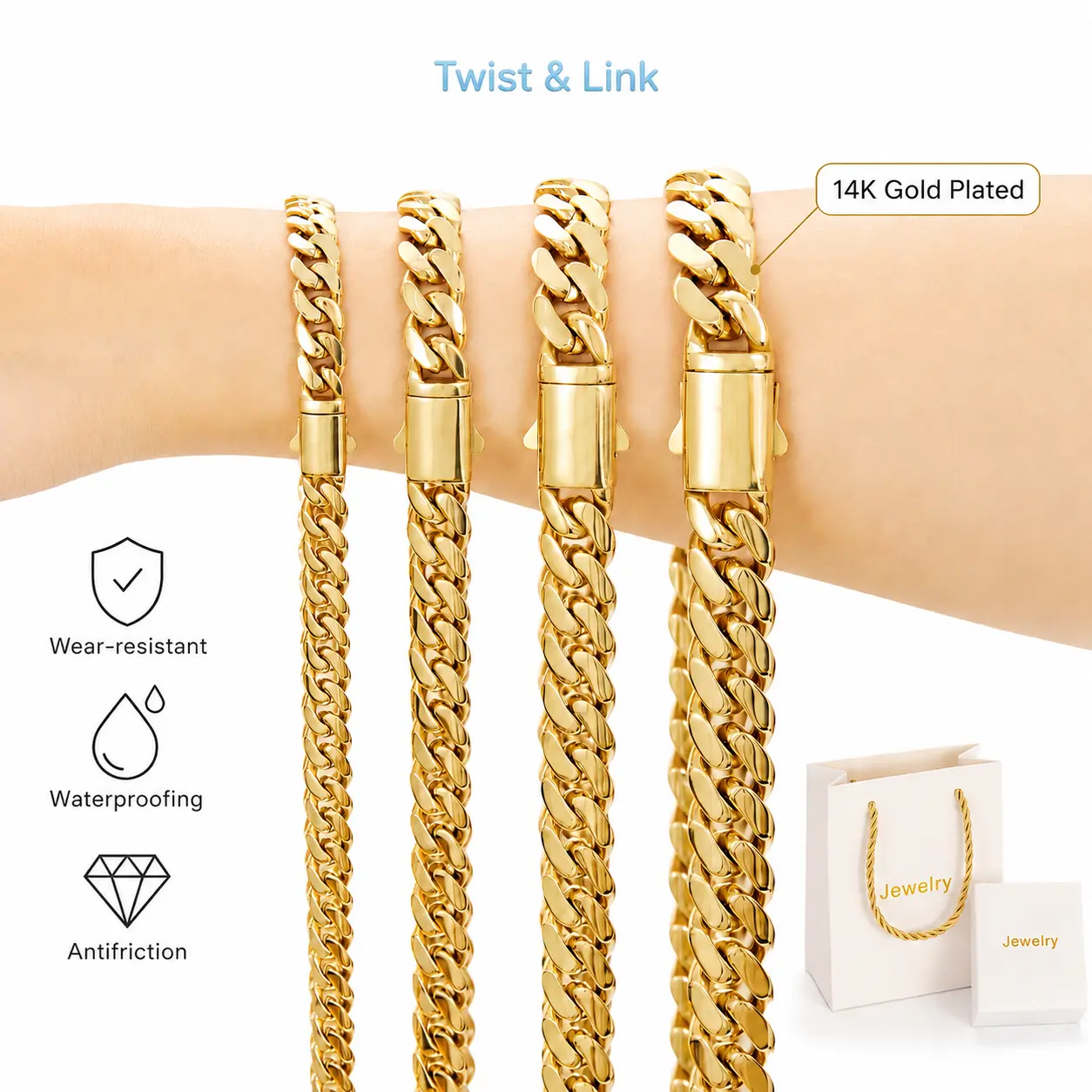 14K Gold-Plated Cuban Necklace, 6mm/8mm/10mm/12mm/14mm, Rust-Resistant via Advanced Electroplating Process, Miami Hip-Hop Style Costume Jewelry, Ideal Gift for Couples