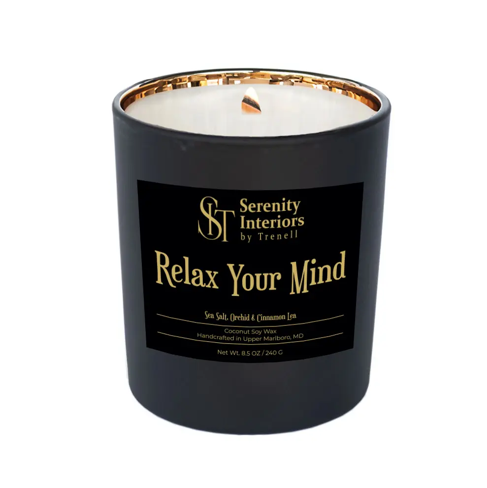 Calming Relax Your Mind Aromatherapy Candle with Essential Oils and Wood Wick in Sea Salt, Orchid & Cinnamon Leaf Scent