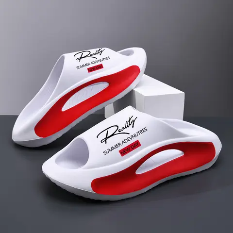 Men’s Casual Breathable Slip-On Athletic Slippers - Chunky Cloud Pillow Arch Support, Hollow-Out Sporty EVA Sole, Trendy Letter Print, Anti-Slip Quick-Dry Outsoles for Party, Beach, Summer Home/Outdoor Use
