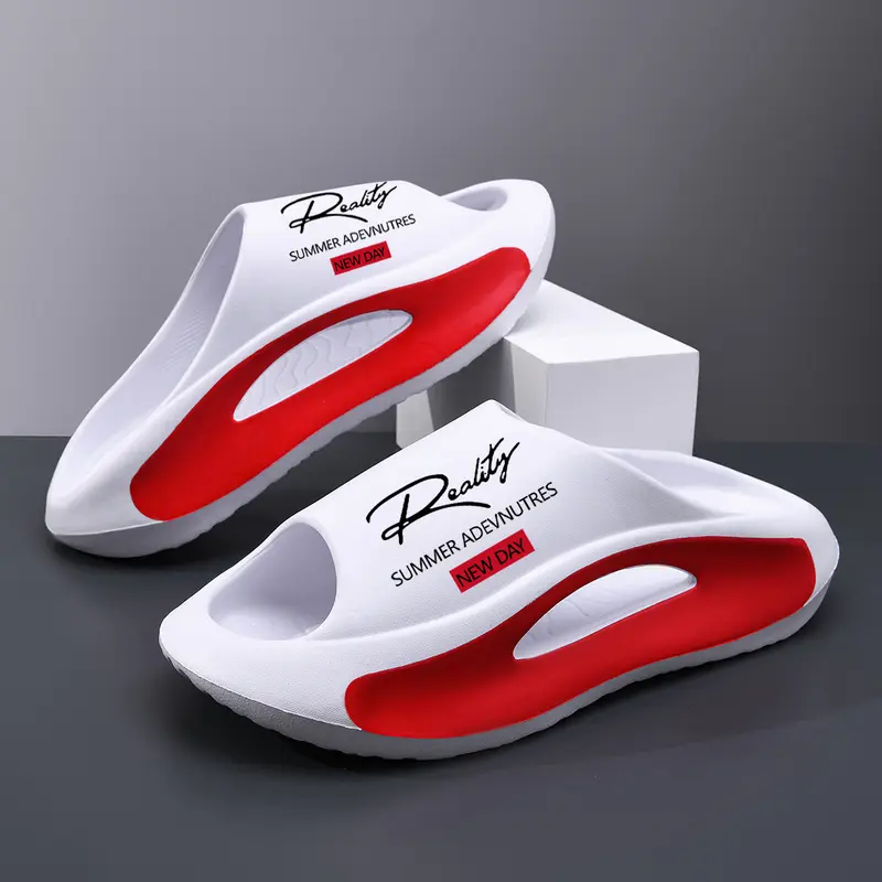 Men’s Casual Breathable Slip-On Athletic Slippers - Chunky Cloud Pillow Arch Support, Hollow-Out Sporty EVA Sole, Trendy Letter Print, Anti-Slip Quick-Dry Outsoles for Party, Beach, Summer Home/Outdoor Use
