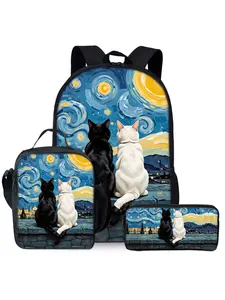 Starry Sky Black Cat White Cat Printed Backpack Set with Three Pieces Includes Lunch Bag and Pen Case