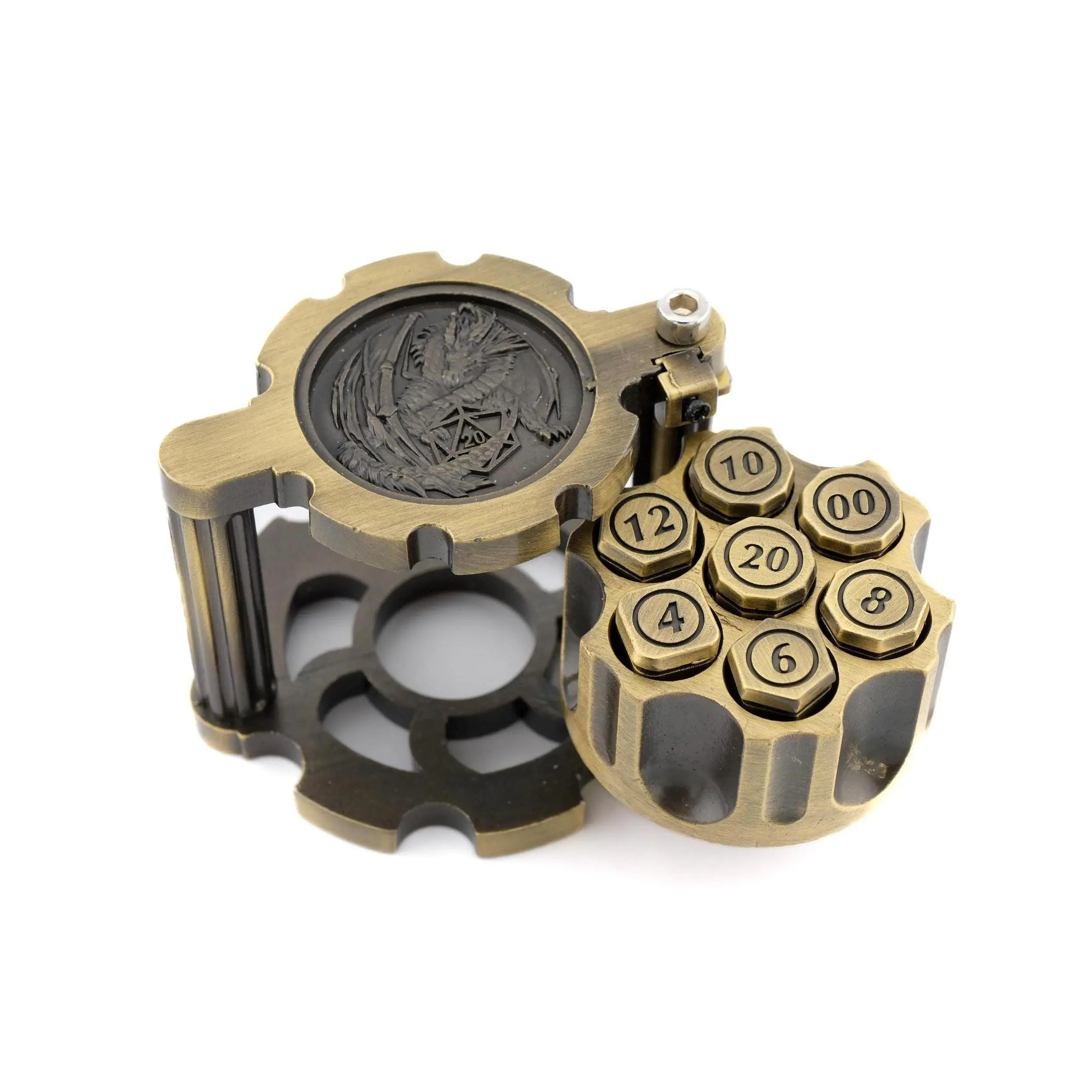 Dragon Revolver Metal Polyhedral Dice Set - Spinning Chamber, Mechanical Gun Bullet Dice, Gift Box for Dungeons & Dragons, TTRPG Fidget Gift