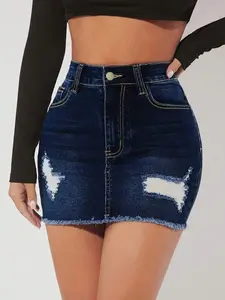 Petite Ripped Raw Hem Denim Skirt - Casual Everyday Wear
