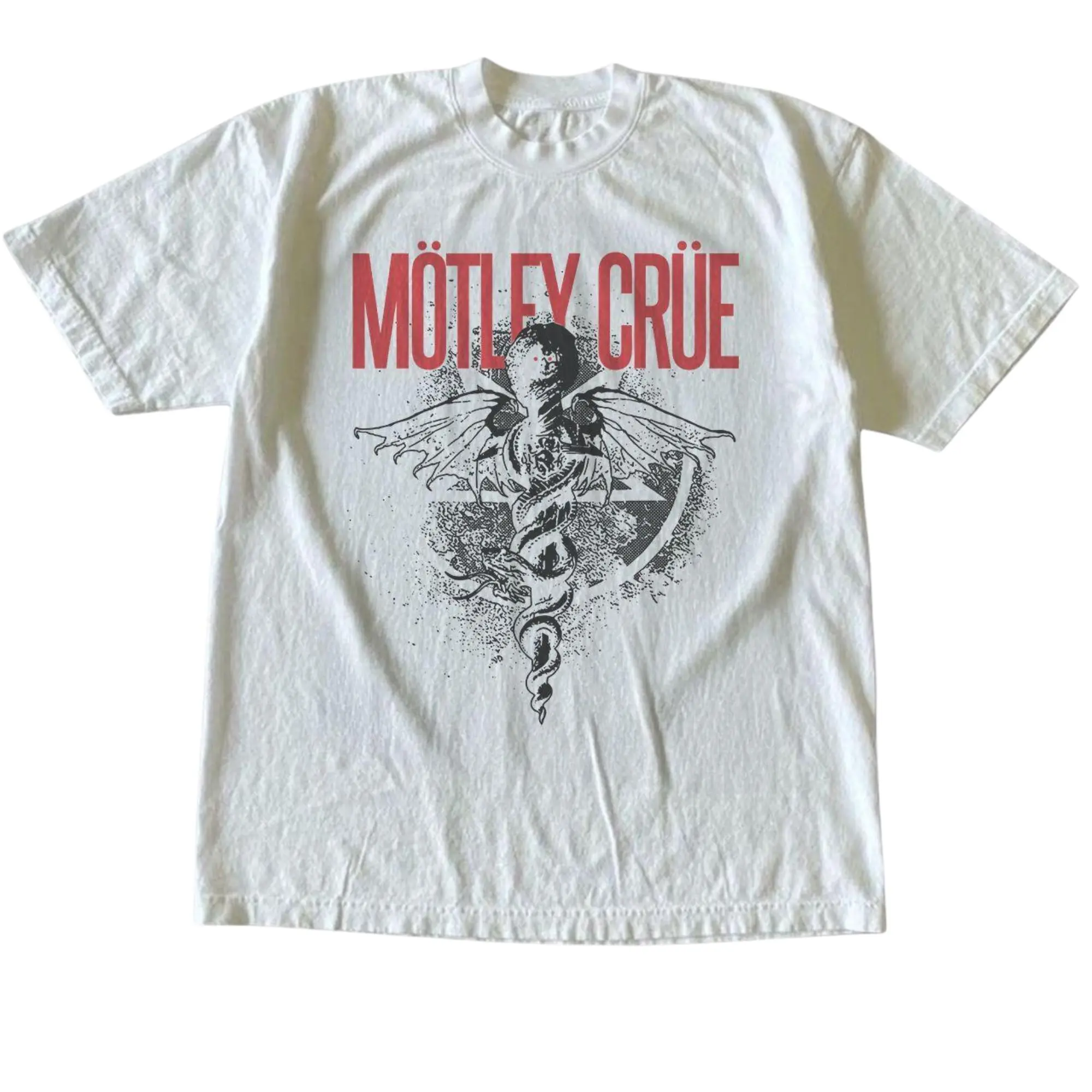 Motley Crue Band Graphic T-Shirt, Dr Feelgood Winged Snake Around Dagger Staff Caduceus Emblem With Red Bold Text Typography, Unisex Streetwear Tee For Rock Music Fans, Vintage Urban Outfit