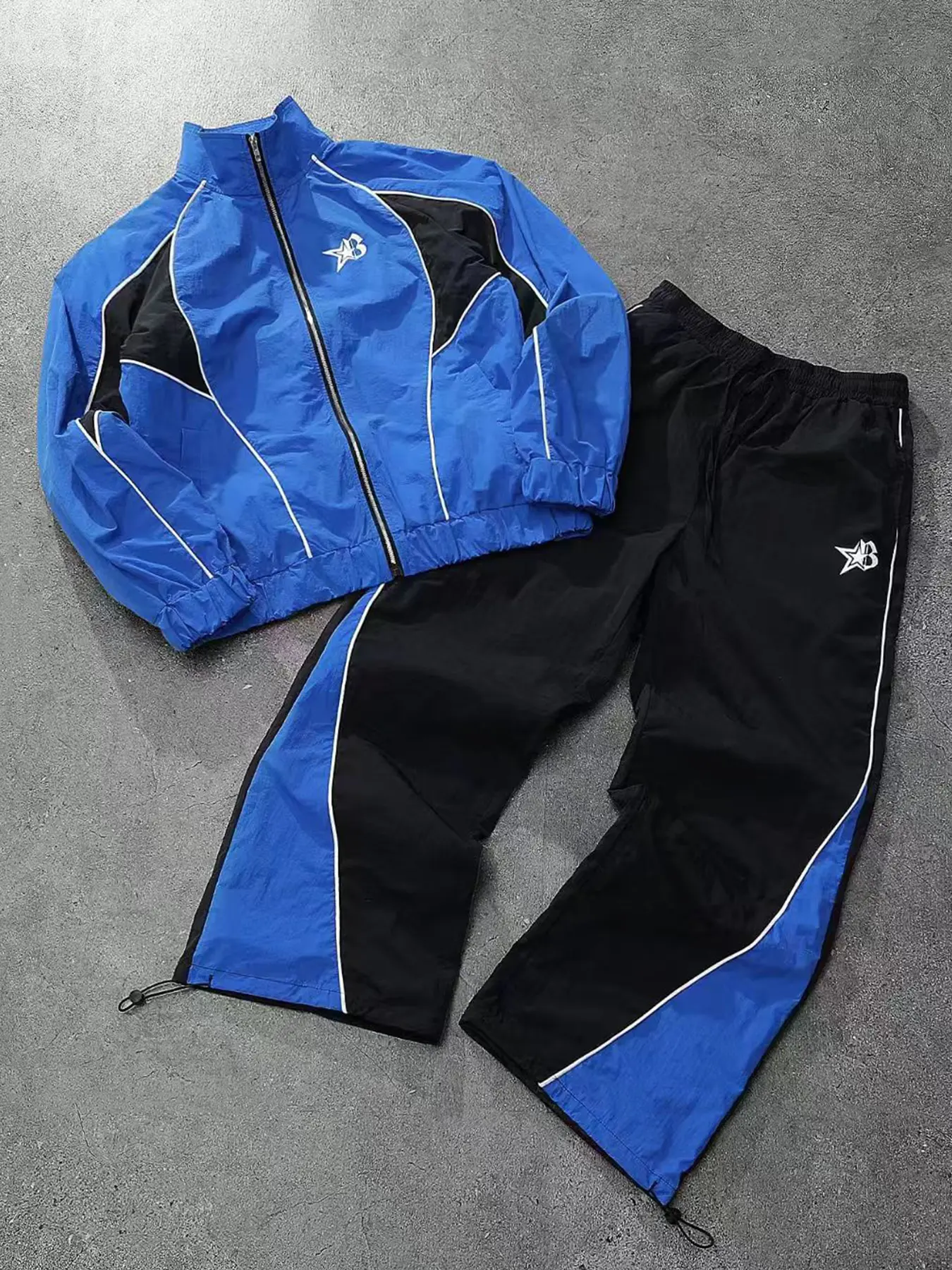 Men's Casual Two-Piece Jacket and Pants Set, Zipper Closure, Blue Colorblock Star Print, Trendy Fashion, Spring Fall Outdoor Use