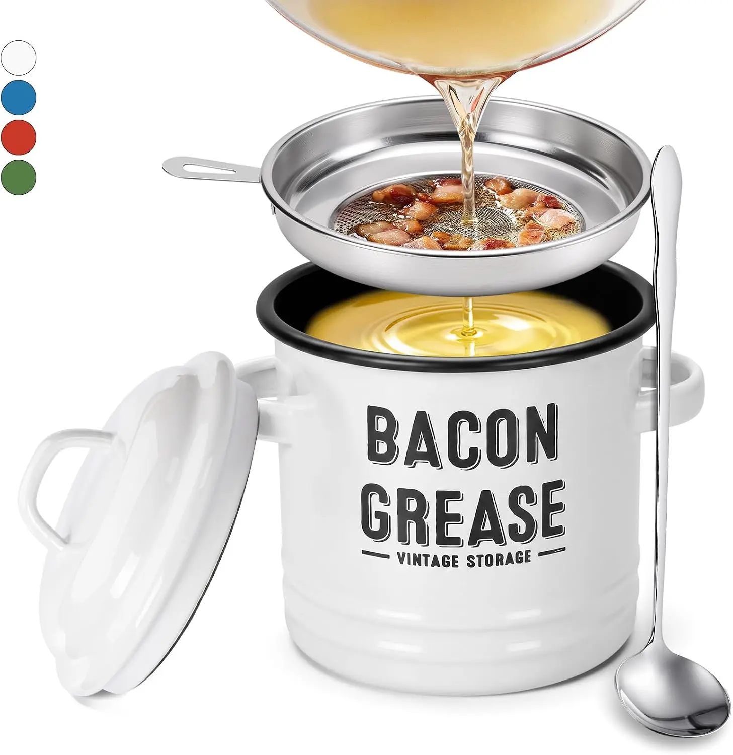 Bacon Grease Container for Kitchen with Strainer, 46oz Large Size |strainer- large enamel grease saver ， Removable SS304 Strainer, Dishwasher Safe, Oil Keeper for Fat Storage