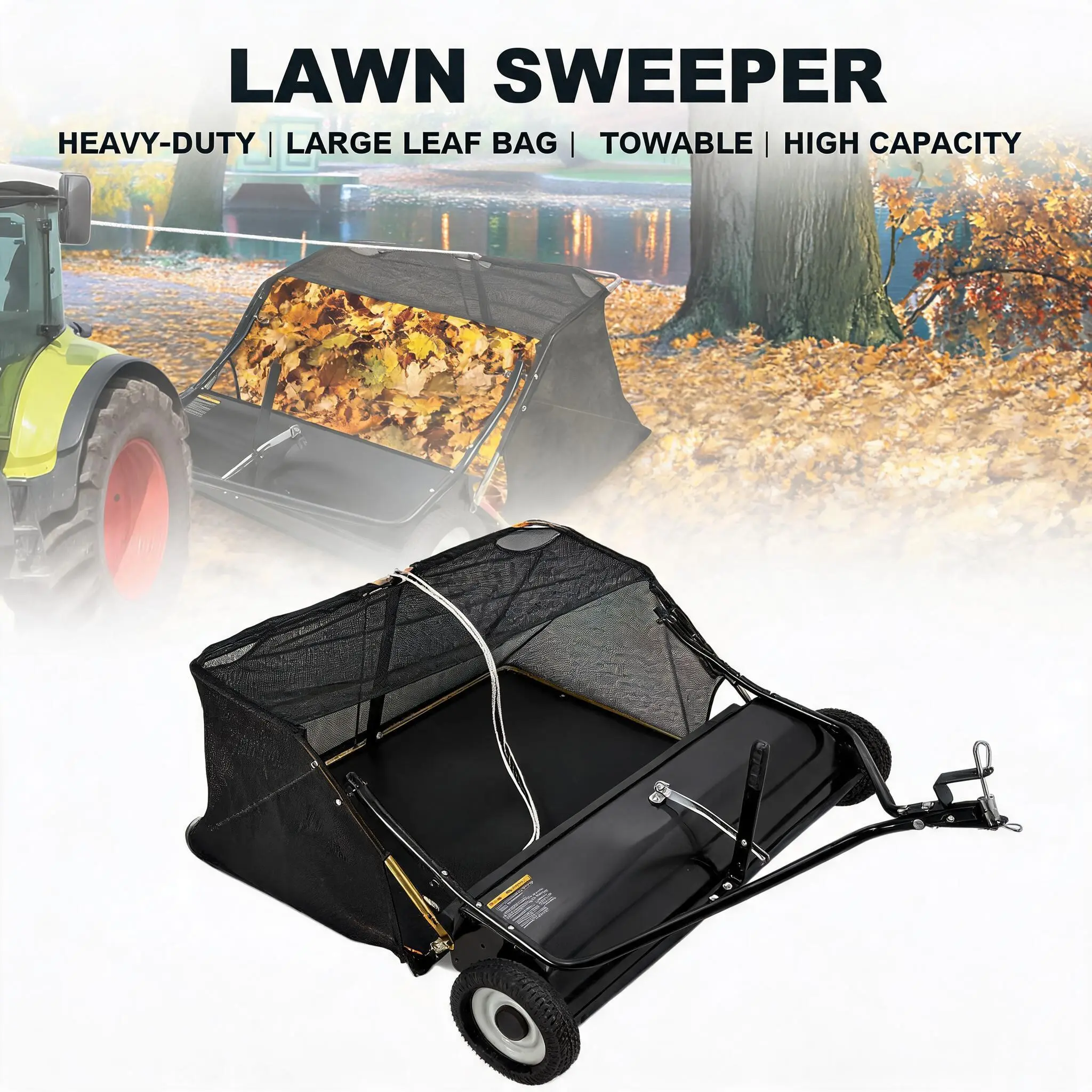 【GARVEE】Tow-Behind Lawn Sweeper with Large Capacity, Heavy-Duty Design, Adjustable Sweeping Height, and Convenient Dumping Rope for Efficient Leaf and Grass Collection