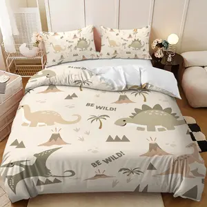 Bedding 3-piece set - 3PCS,light brown dinosaur and volcano pattern down comforter set (1 duvet cover + 2 pillowcases, filling not included). soft and comfortable, suitable for family bedrooms.