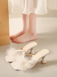 New Women's High Heel Half Slipper Sandals, French Faux Fur Slippers, Summer Fashion Casual Shoes, Open Toe Stiletto Heels