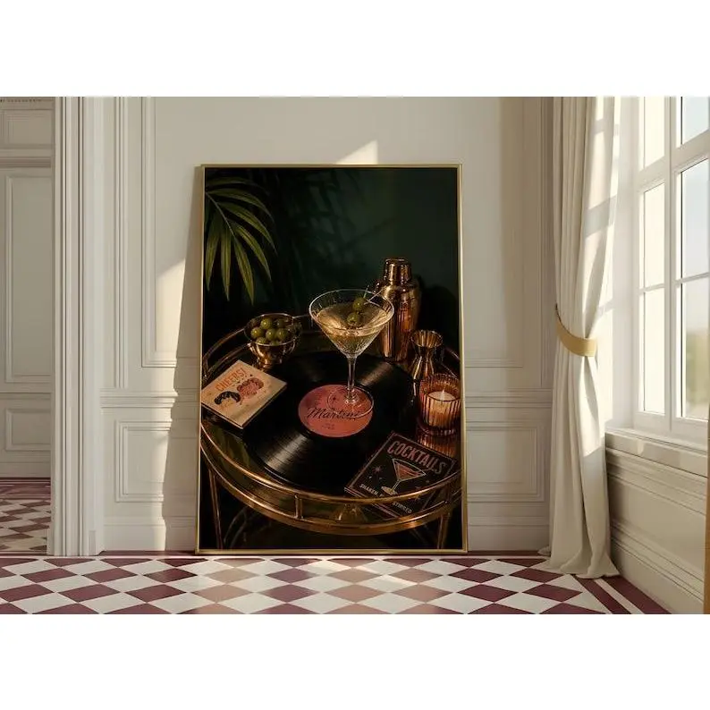 Vintage Martini and Vinyl Wall Art, Retro Cocktail Lounge Print, Emerald Gold Decor poster