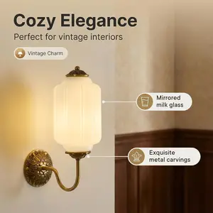 Vintage Milk Glass Wall Sconce - Antique White Glass, Gold Carved Metal, Hardwired Retro Wall Lamp, E12 Bulb, Warm Light (1Pack) for Bedroom, Living Room