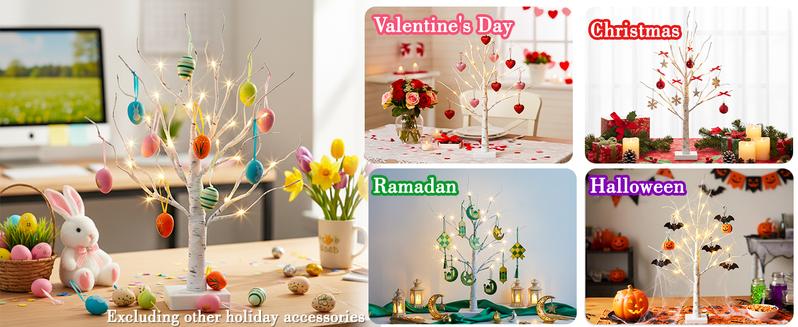 EAMBRITE Easter Decorations Lighted White Birch Tree with 18x2 Eggs Ornaments, 24 LED Lights, Battery Powered Timer, Tabletop Centerpiece for Spring Home Decor, 2 Pack