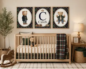 Personalized Vintage Teddy Bear Plaid Nursery Decor, Set of 3 Unframed Prints