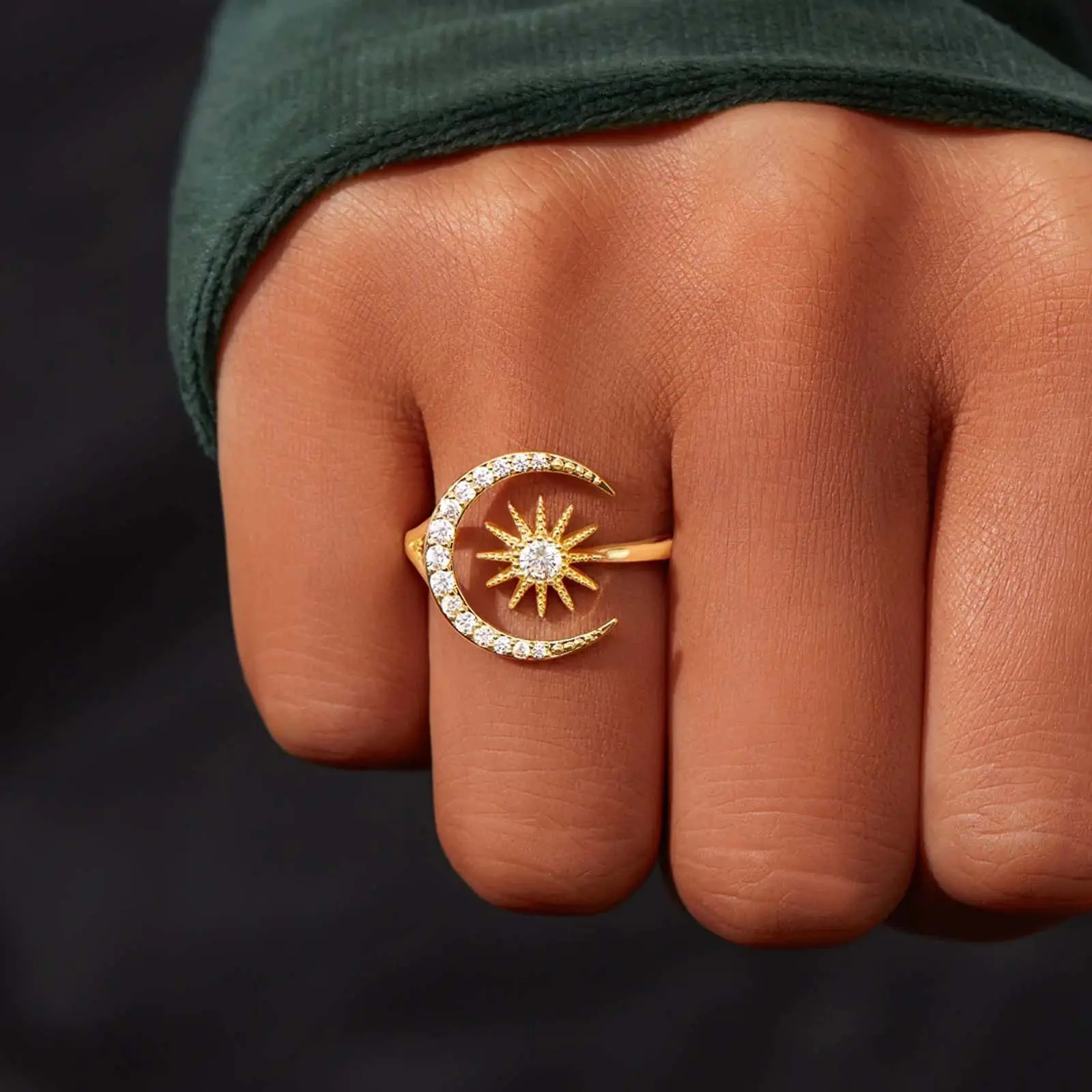 Moon and Sun Ring Zirconia Index Finger Band Adjustable Fashion Accessory for Adults Stylish Jewelry
