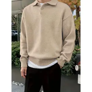 Men’s Solid Color Polo Sweater for Autumn and Winter – Casual Loose Knitwear