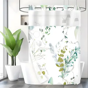 LVRLVR 1pc Modern Watercolor Eucalyptus Leaves Shower Curtain with Sheer Top Window, Detachable Liner & No Hook C-Ring, 70.8" x 74"
