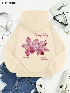 Cute Floral Print Hoodie Sweatshirt, Casual Long Sleeve Fitted Top for Girls, Spring Winter Soft Sportswear, Geometric Pattern H Type Loral Printed Loose Fit Hoodie, Grils Casual Long Sleeve Pullover Sweatshirt, Graphic Print Hoodie