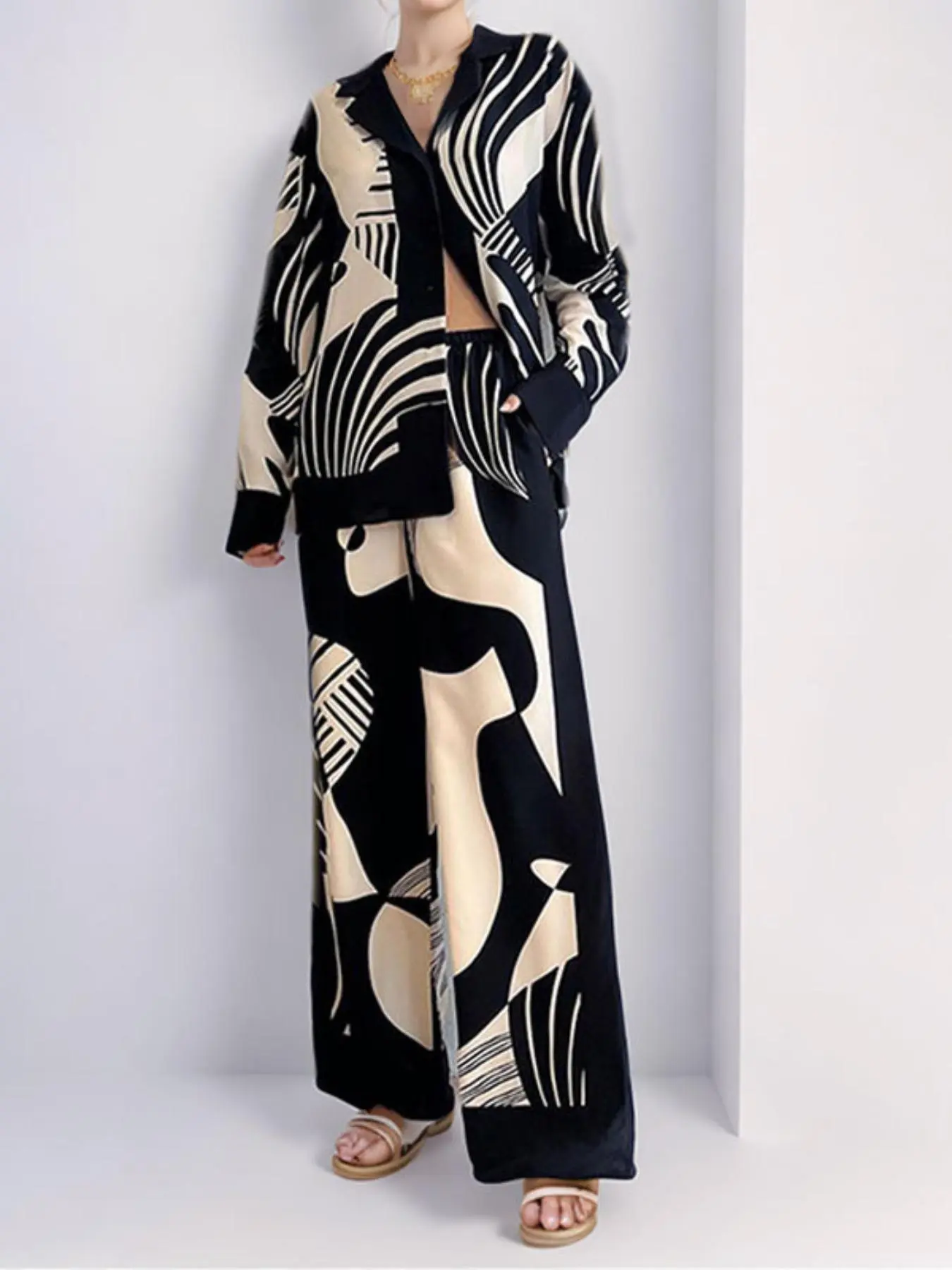 Women's Geometric Print Button Front Loose Blouse & Pants Two-piece Set, Elegant Chic Casual Long Sleeve V Neck Top & Wide Leg Pants Set for Spring & Fall, Women's Clothes for Daily Wear