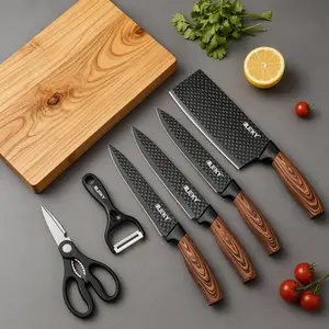 6-Piece Non-Stick Stainless Steel Kitchen Knife Set | Ergonomic Wood Handle Sharp Cooking Knives with Cleaver, Paring Knife & Kitchen Scissors